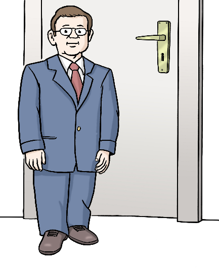 Ein Mann steht im Anzug vor einer Tür. Er trägt eine Brille. Er ist klein, denn er ist nur ein kleines Stück größer als die Höhe der Türklinke.